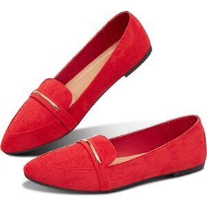 Obtaom Women's Red Faux Leather Pointed Toe Slip On Loafer Ballet Flat